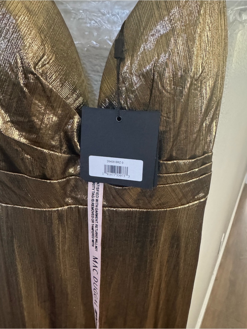 Mac Duggal Metallic Gold Plunging V-Neck Maxi Dress - Picture 4 of 5